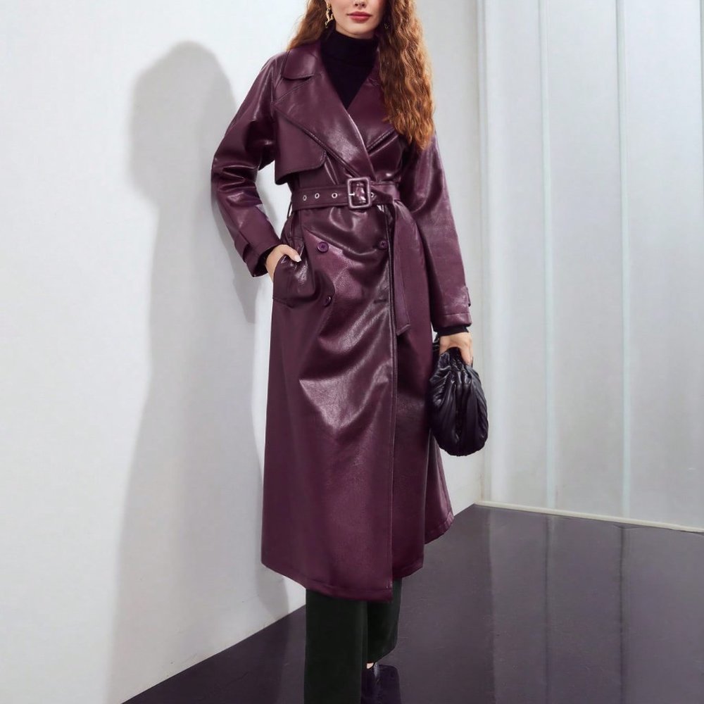 PURPLE PREPPY WOMENS PU LEATHER BELTED TRENCH COATS - Picture 5 of 5